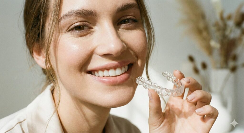 Ragazza sorridente con allineatori trasparenti per ortodonzia invisibile allo studio Monti Dental Center Poggibonsi